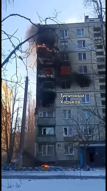 Fire in another residential building in Kharkov after Russian bombing.