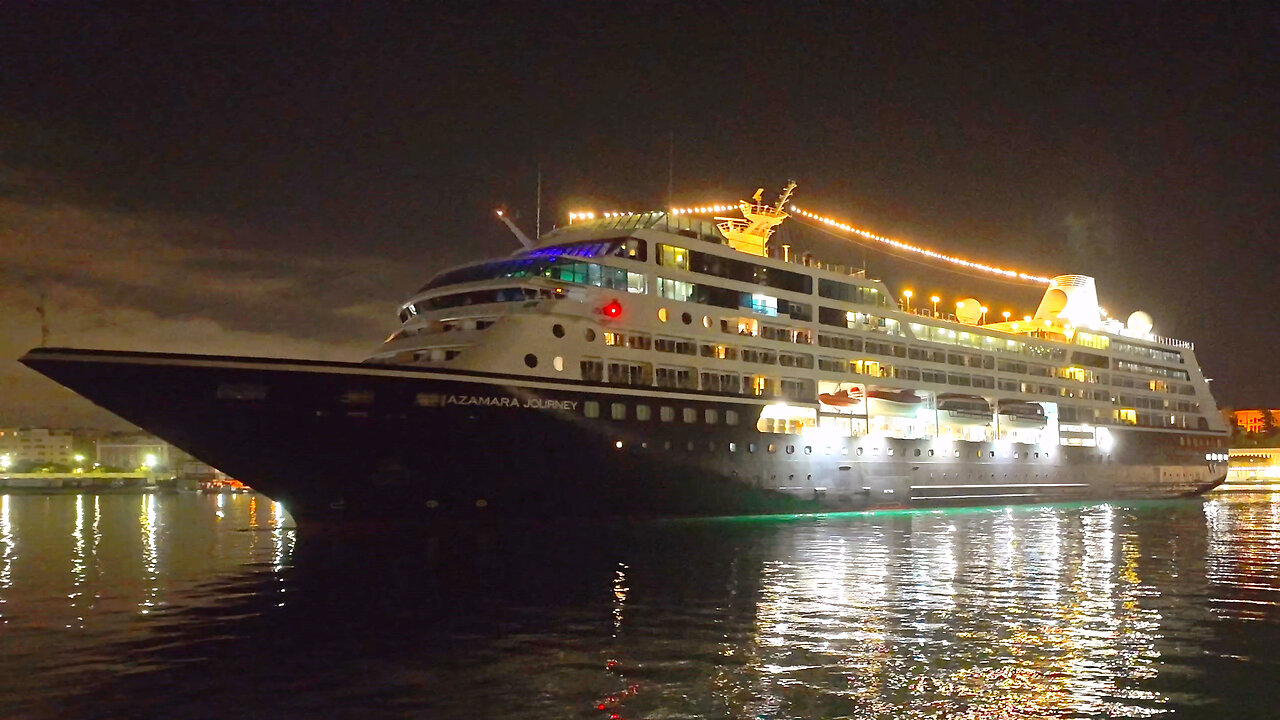 Cruise Ship Leaving Port Under Night City Lights | Royalty Free [4K 60FPS]