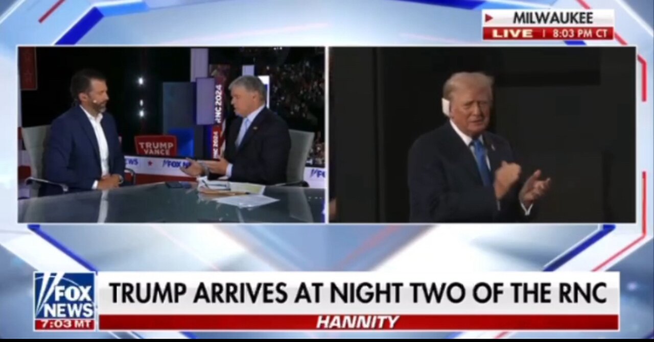 Don Jr Talks to Hannity as Trump Enters the Building at RNC Night 2