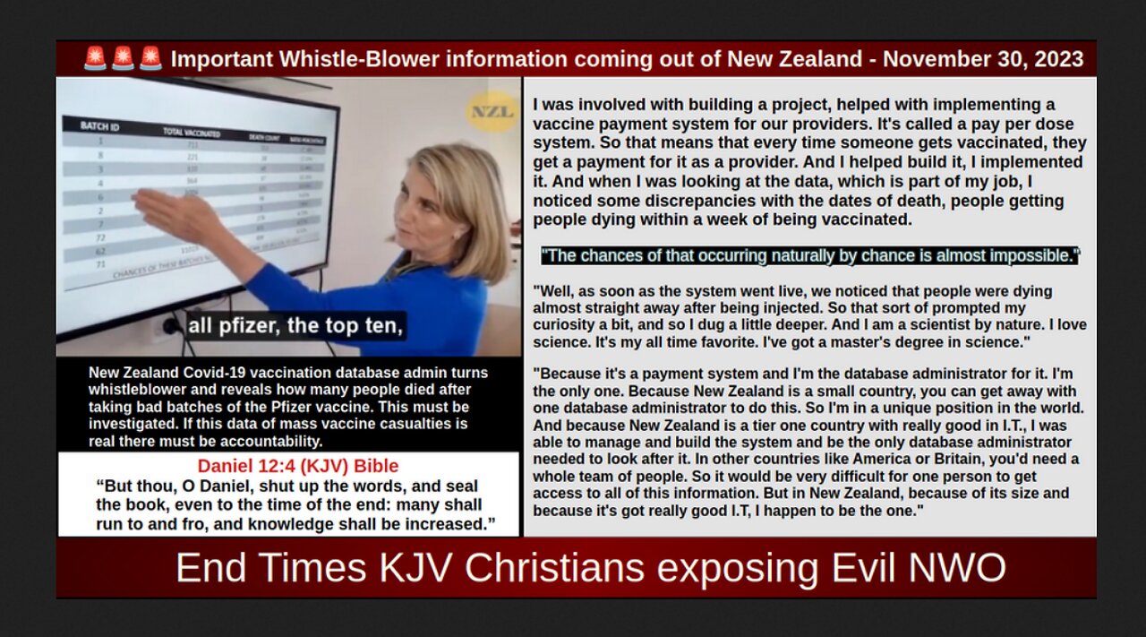 🚨🚨🚨 New Zealand Covid-19 vaccination database admin turns whistle-blower and reveals vaccine deaths