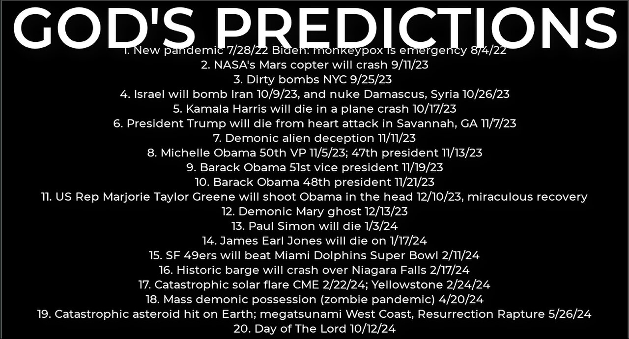 GOD'S PREDICTIONS: Harris crash 10/17; dirty bomb NYC 9/25; Trump death 11/7; Israel bomb Iran 10/9