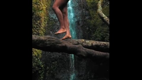 A Woman Wearing A Swimsuit Walking On Top Of A Tree Trunk