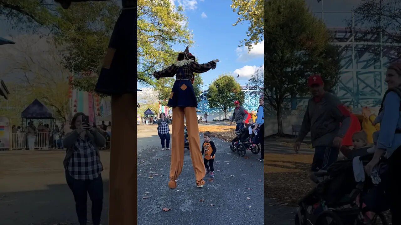 Kid Almost Knocks Down Scarecrow On Stilts #halloweenwithshorts #stiltwalker #bratty