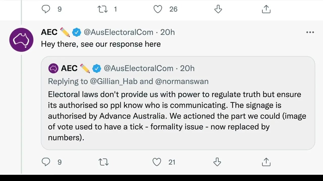 澳大利亞選舉委員會 : 選舉法並未賦予我們監管真相的權力，但確保其獲得授權，以便人們知道是誰發放的言論。