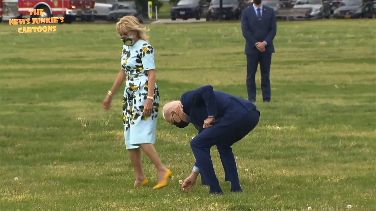 Biden picks a dandelion for Dr. Jill from the White House lawn full of weeds.