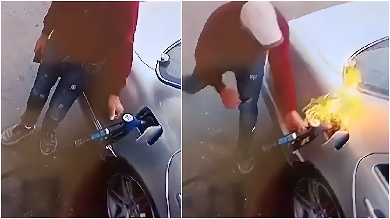 Man Playing With a Lighter While Refueling the Car