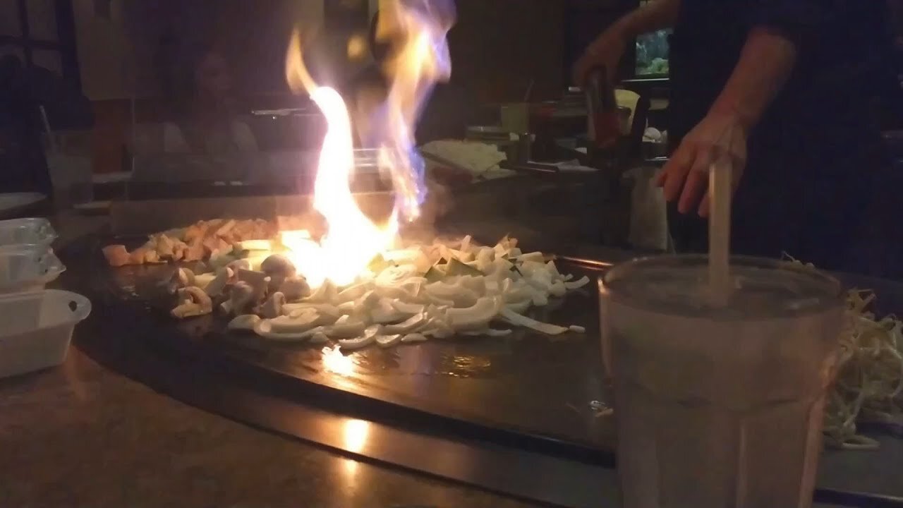 Eating at a Japanese steakhouse