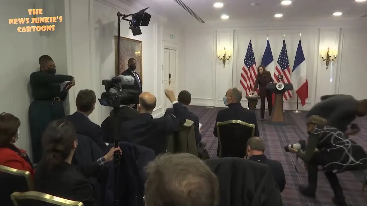 Harris tells staff to call on reporters from pre-approved list in half-empty room with a few people.