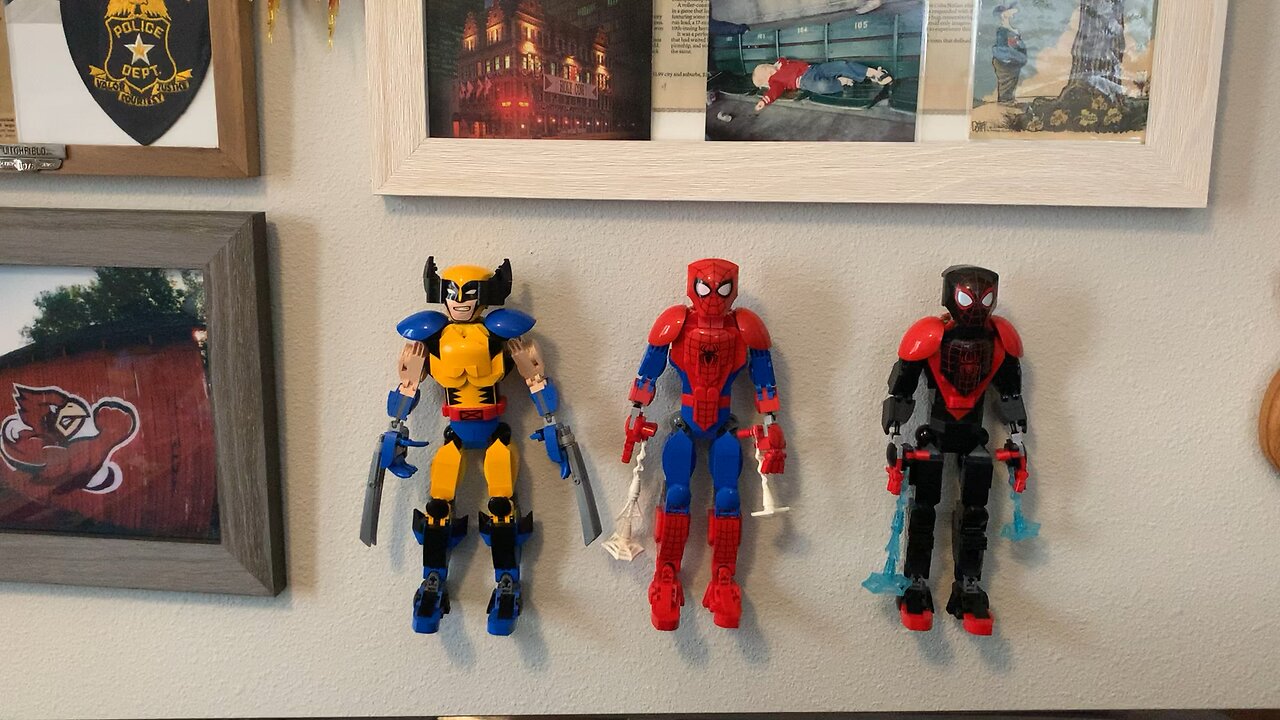 Hanging Lego Construction Figures on Man Cave Wall