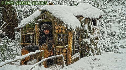 5 DAYS - Building a survival shelter with watchtower in winter - cooking outdoors - part 2