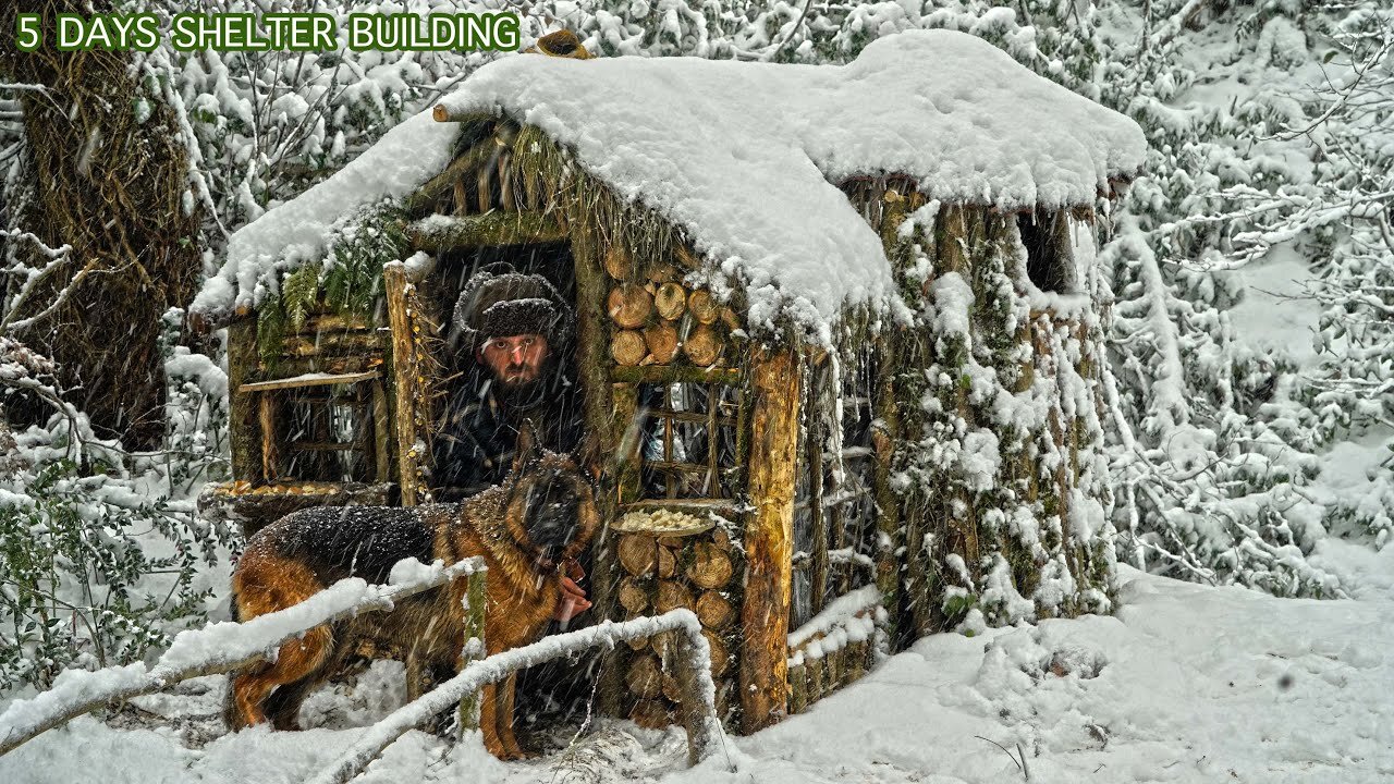 5 DAYS - Building a survival shelter with watchtower in winter - cooking outdoors - part 2