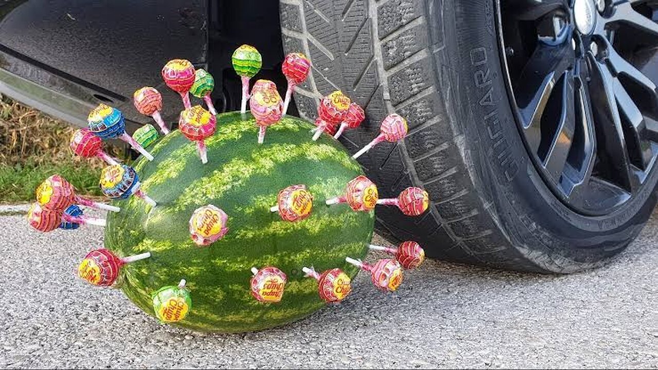 Crushing crunchy and soft things by car! EXPERIMENTAL CAR vs WATERMELON AND LOLLIPOPS