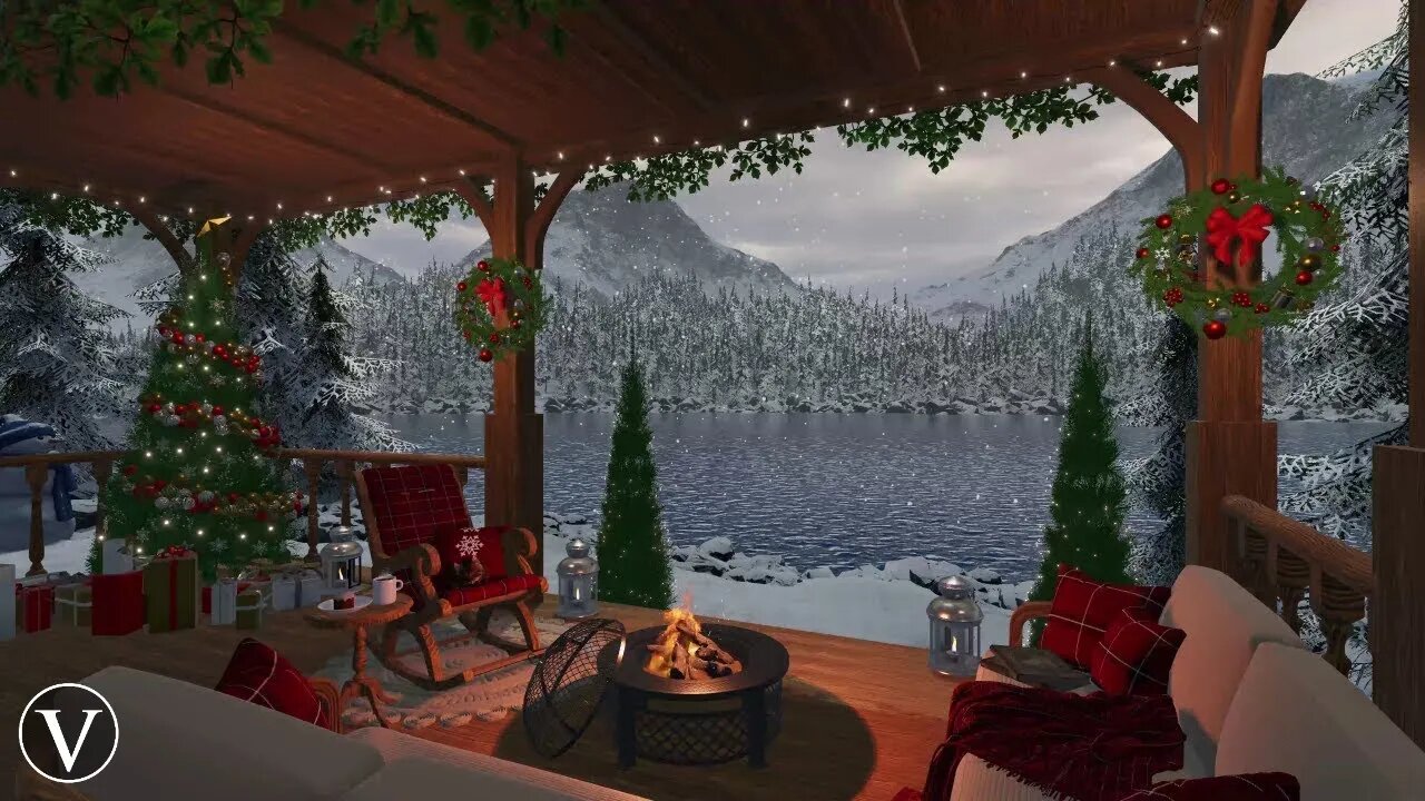 Christmas Porch Winter Daytime Ambience | Firepit, Wind, Snow & Blizzard Sounds