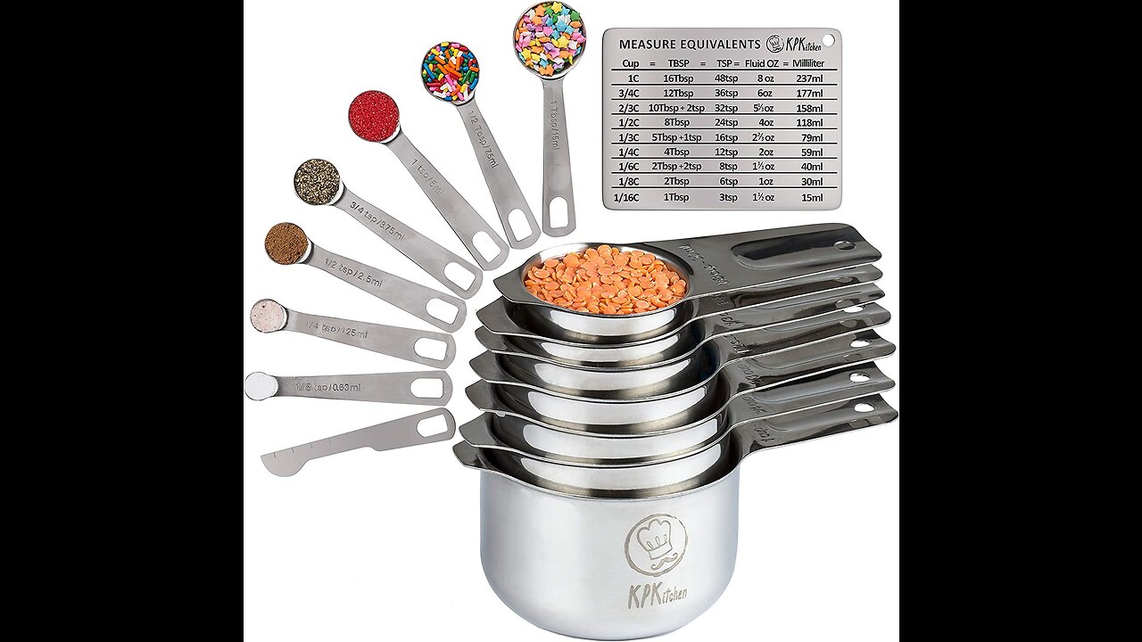 Stainless Steel Measuring Cups and Spoons Set of 16 - 7 Cup & 7 Spoon + Conversion Chart & Leve...