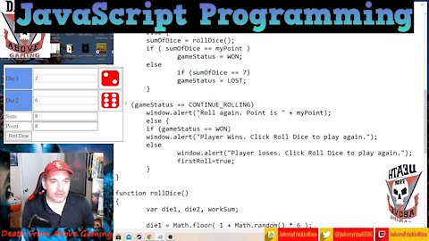 Live Learn with JavaScript programming a Craps game.