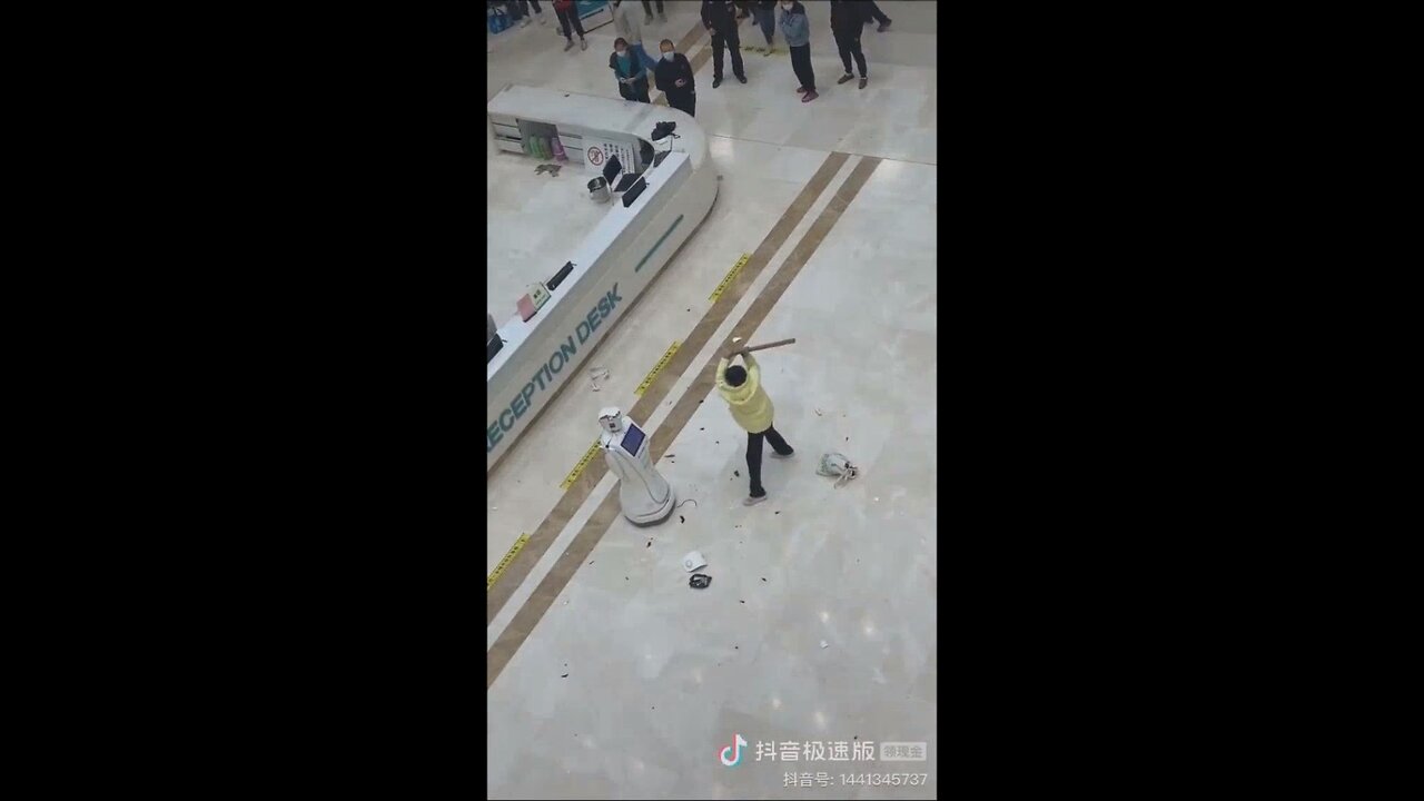 Woman fed up with no help from people attacks robot!