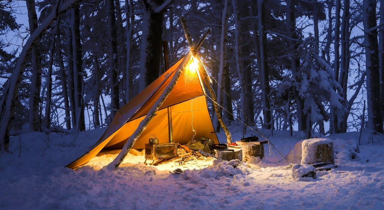 Hot Tent Camping in a Snowstorm - Bushcraft, hobo rod, ice fishing - Catch, Cook & Camp