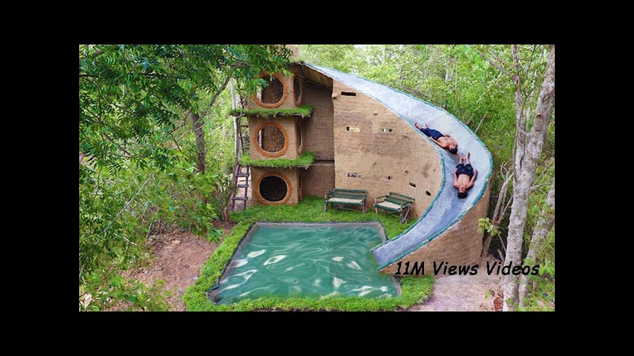 Build Amazing Pool Top Modern 3 Story Mud House & Water Slide Park Into Underground Swimming Pool