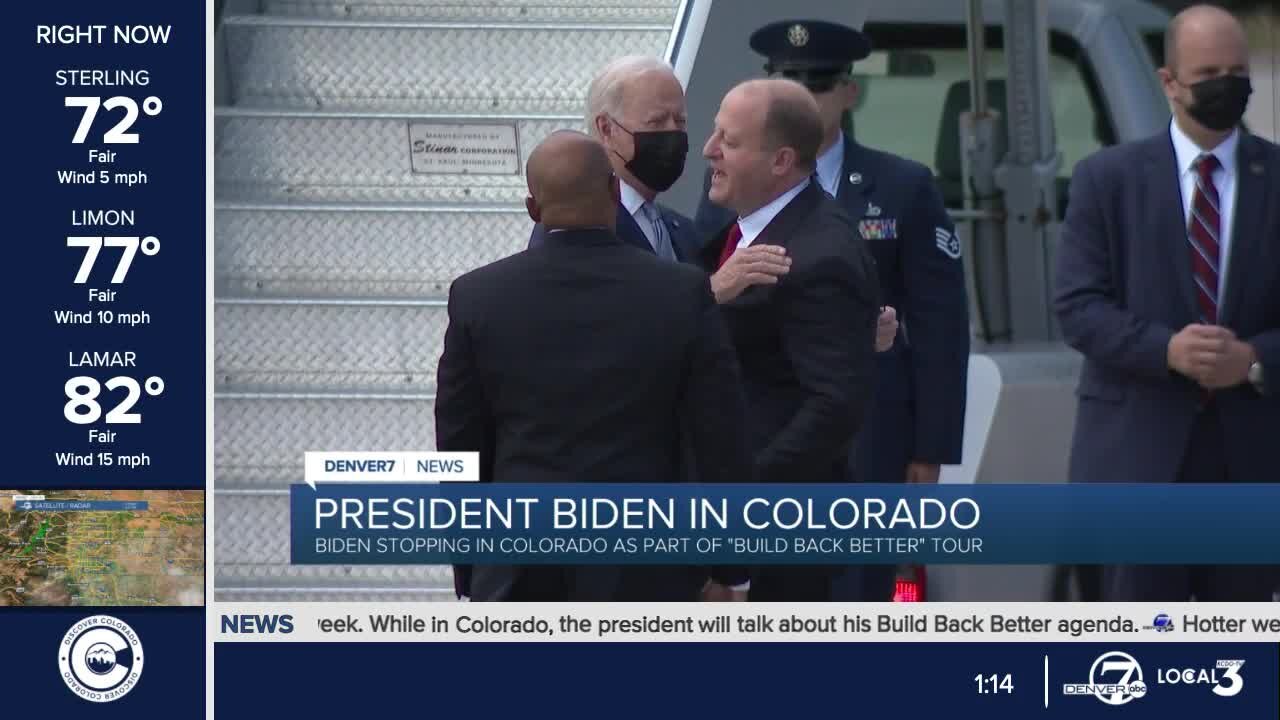 President Biden arrives in Colorado, greeted by Polis and Hancock