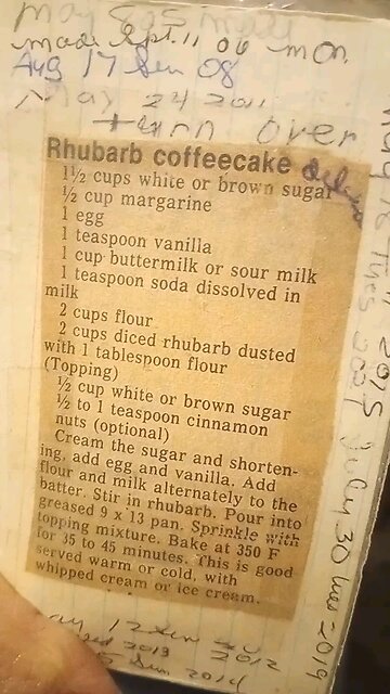 Grandma's recipe she made for rhubarb cake