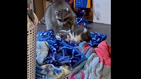 Pet Raccoon Pesters Sleeping Kitty