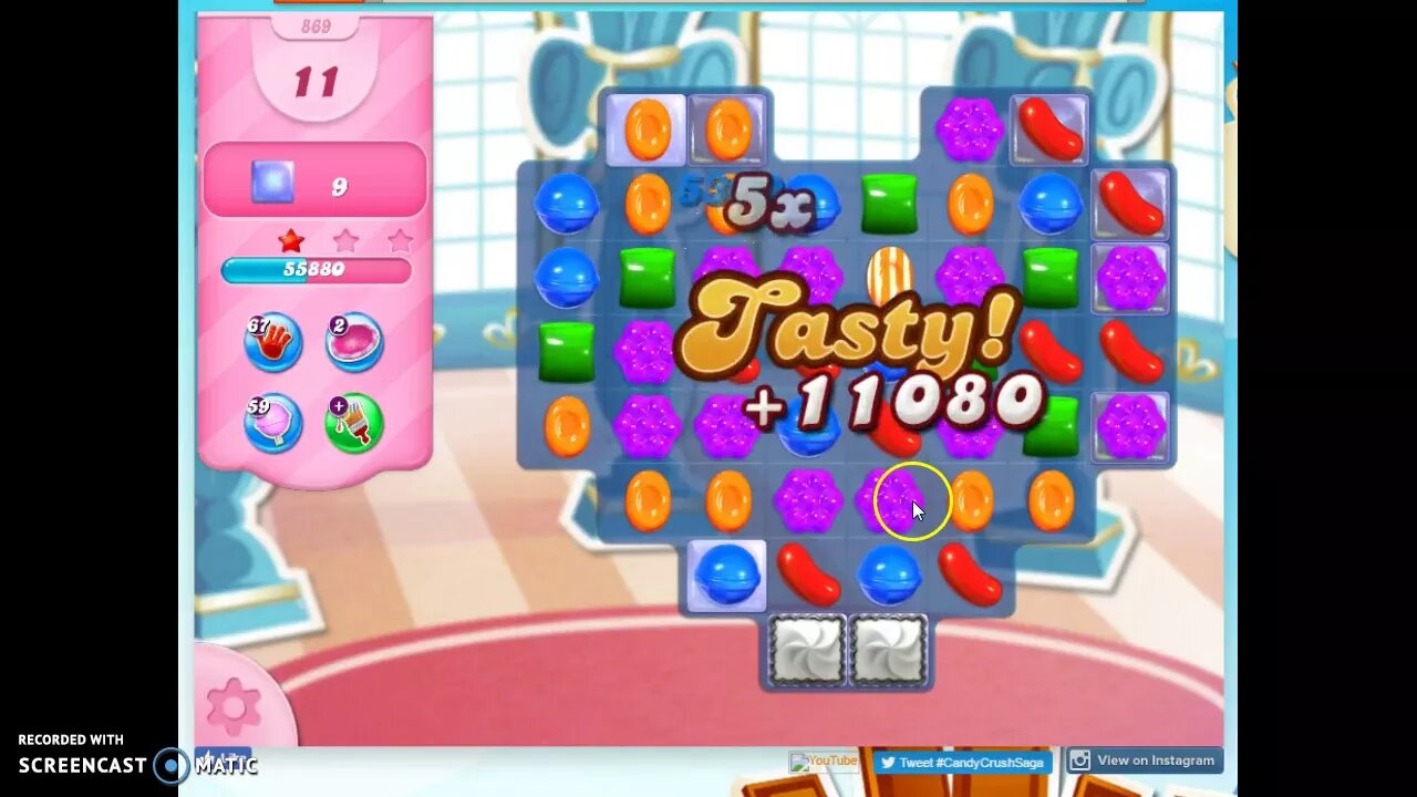 Candy Crush Level 869 Audio Talkthrough, 2 Stars 0 Boosters