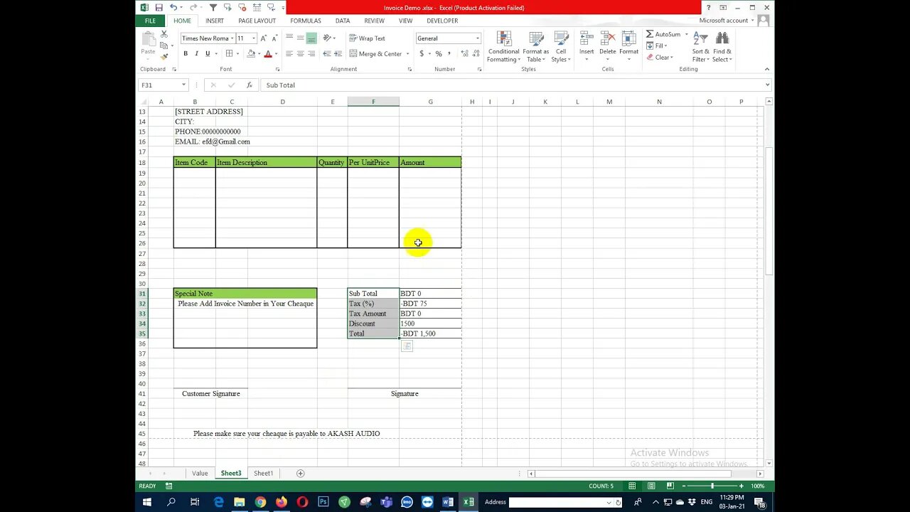 How to create GST tax invoice in Microsoft excel, One click save and print