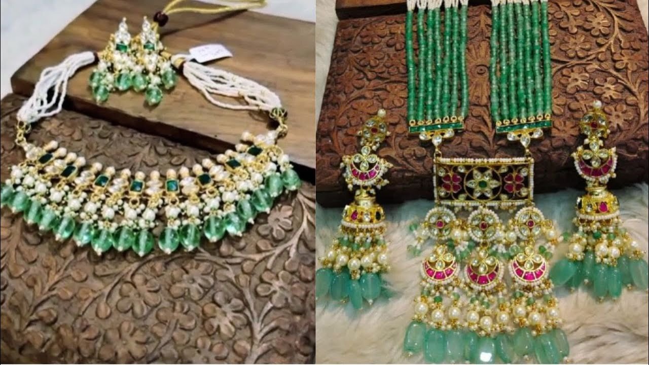 Artificial kundan Necklace Designs with green and white pear