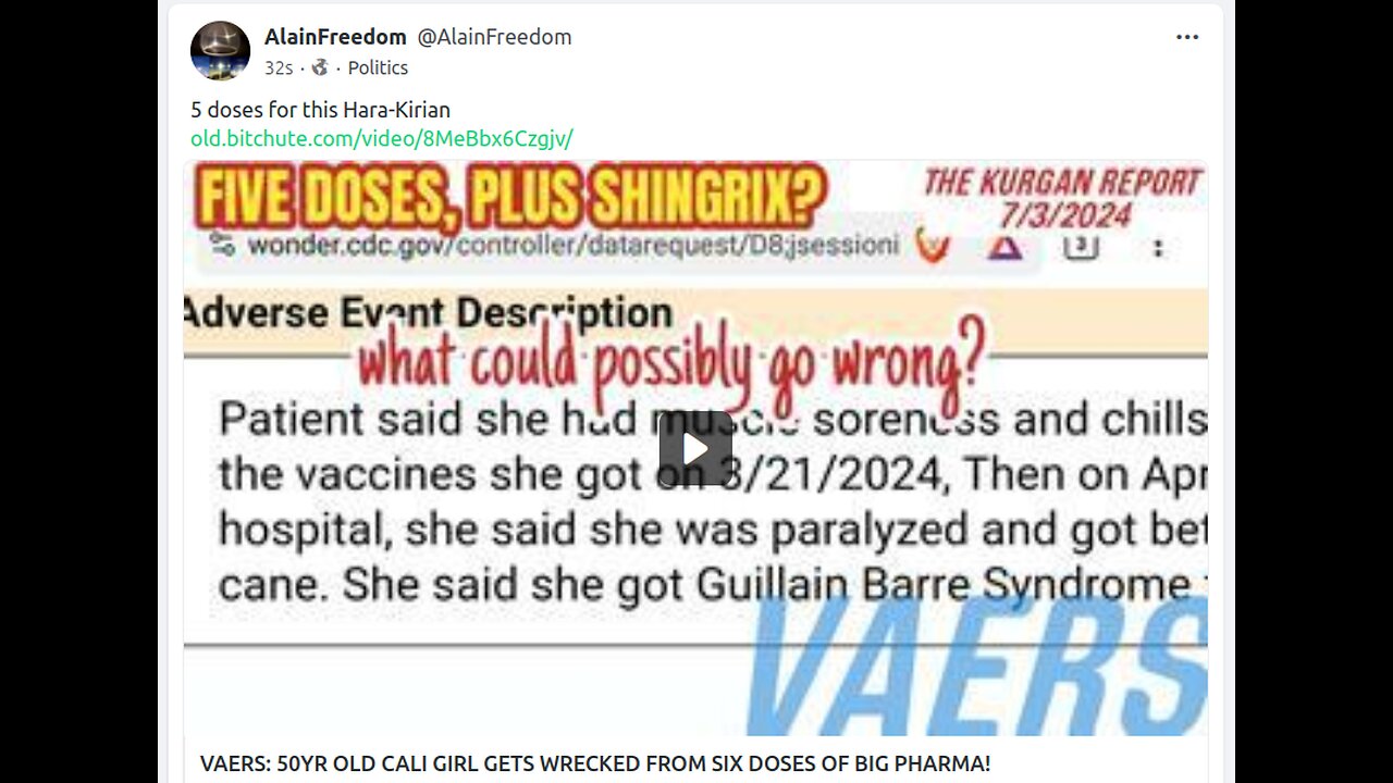 VAERS: 50YR OLD CALI GIRL GETS WRECKED FROM SIX DOSES OF BIG PHARMA!