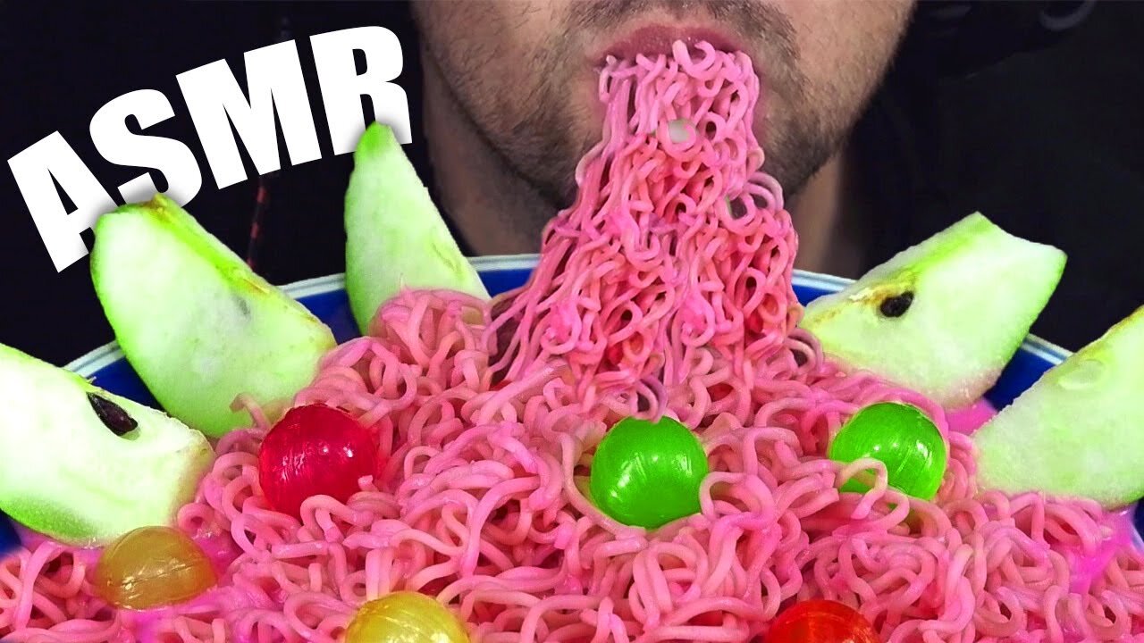 ASMR SWEET PINK NOODLES + CANDY + PEAR | MUKBANG | EATING SOUND (NO TALKING) 🎧 BEST SOUND