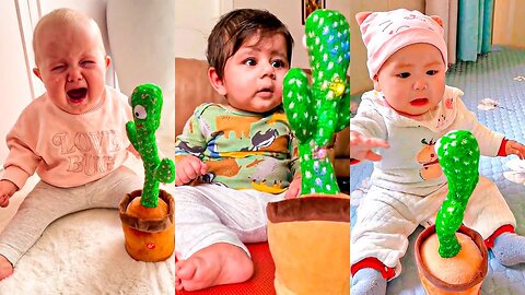 Baby's first time to see Cactus Toy funny😂