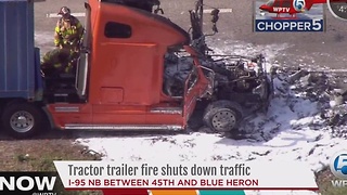 Tractor trailer fire shuts down traffic
