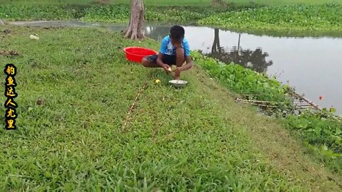 The little boy went fishing by the river and brought home big carp to improve his food +13