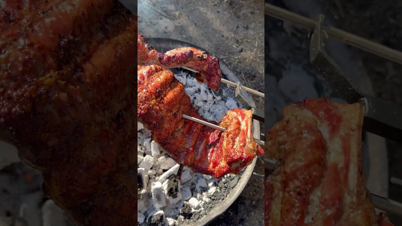 Rotisserie spare ribs with a maple sriracha sauce