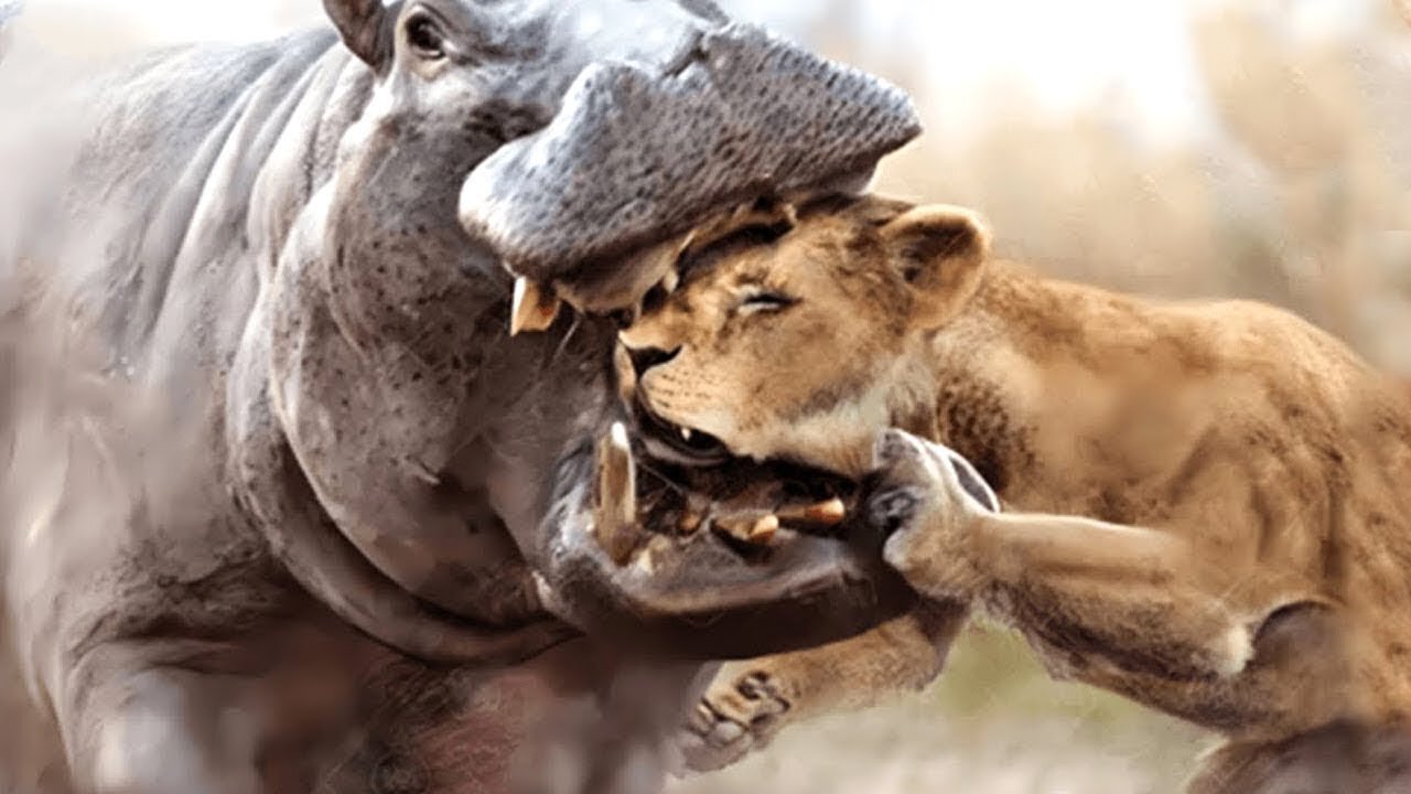 Angry Hippo Crushes Lion's Head And Show It Who's Boss