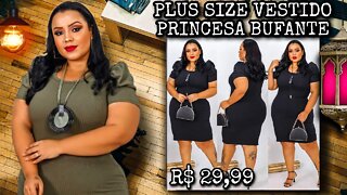 🛑 PLUS SIZE VESTIDO MIDI COM MANGA PRINCESA BUFANTE MODA FEMININO