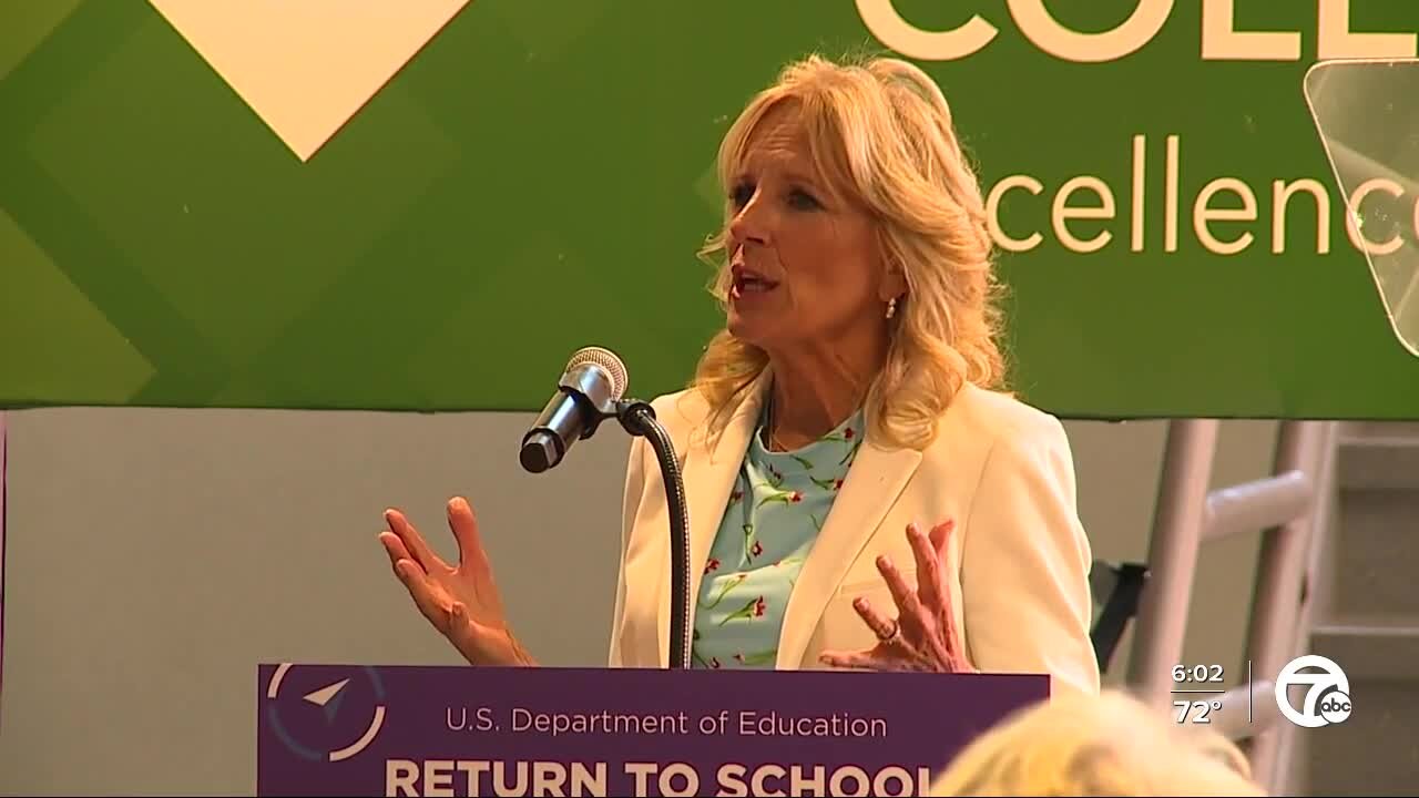 Dr. Jill Biden speaks at Oakland Community College's Royal Oak Campus