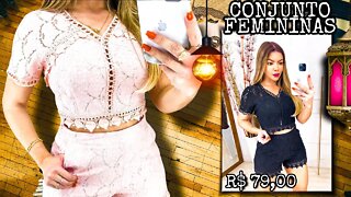 Roupas Femininas" conjunto Cropped e shorts Gripir, Manguinha Forrada/ shopee