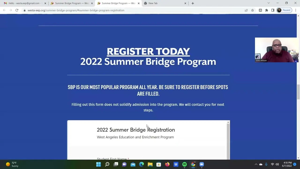 How To Register for the Summer Bridge Program - Example - Geometry