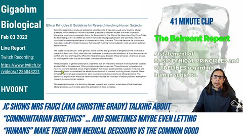 GigaohmBiological - Clip of The Belmont Report / Mrs Fauci (Christine Grady) Medical experimentation