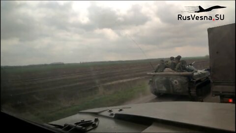 A column of the Russian army, accompanied by army aviation helicopters, are moving towards the front in Donbass