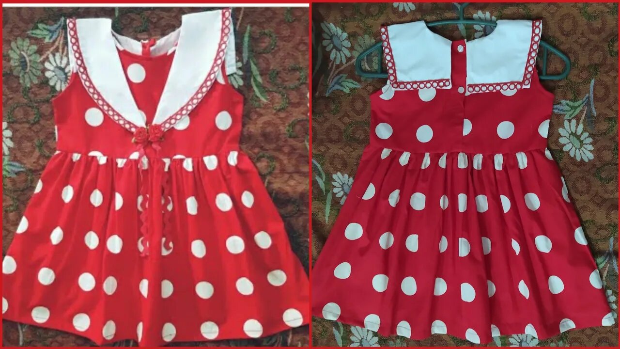 White Dots on Red Baby frock cutting and stitching