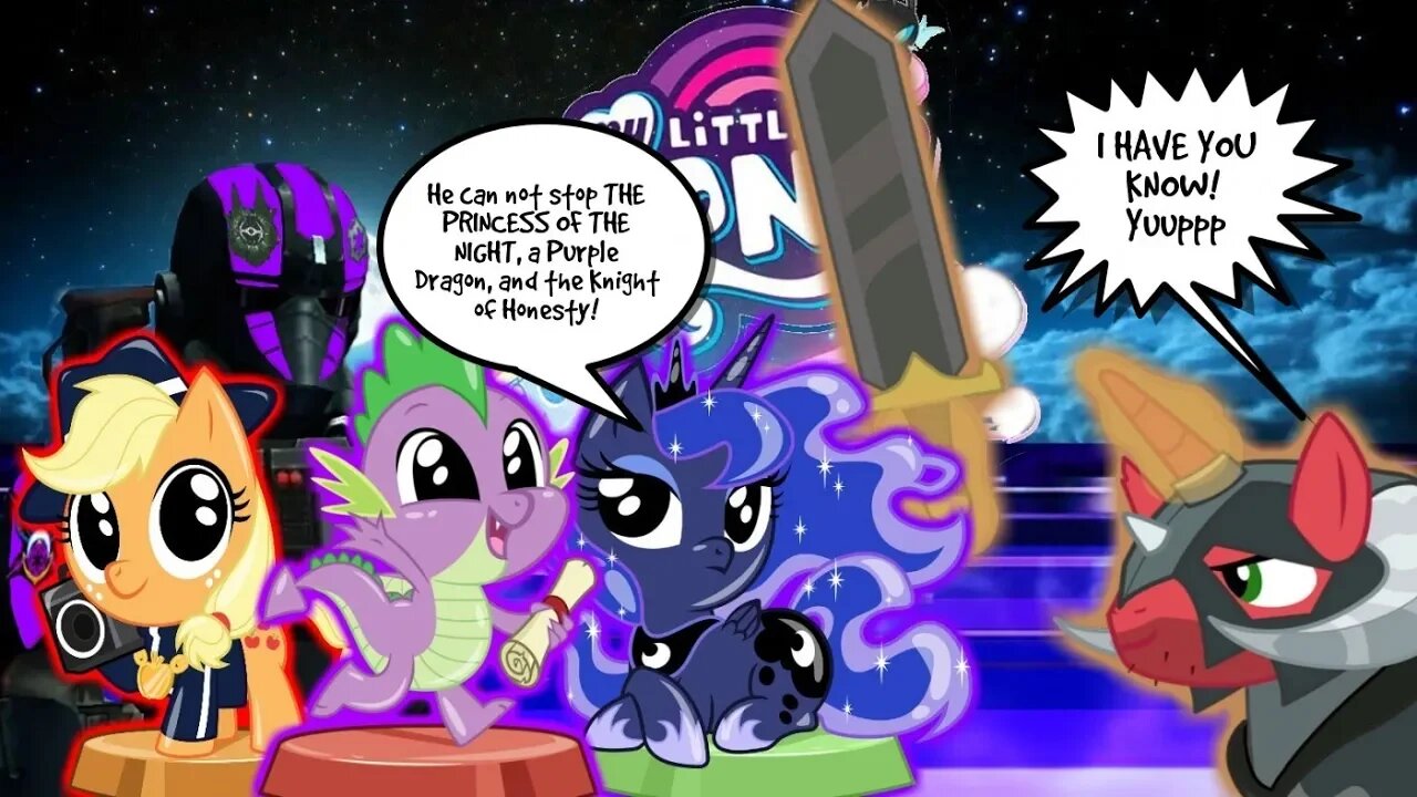 Princess Luna, Spike, & Retro AJ have their final duel with Bigmach!