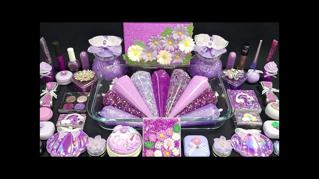 Mixing 💜 PURPLE | Makeup, Eyeshadow, parts, spangles, glitter and Random into slime, ASMR