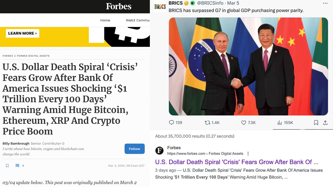 BRICS | Bank of America Issues Warning of a U.S. Dollar Collapse + "U.S. Dollar Death Spiral ‘Crisis’ Fears Grow After Bank Of America Issues Shocking $1 TRILLION Every 100 Days"