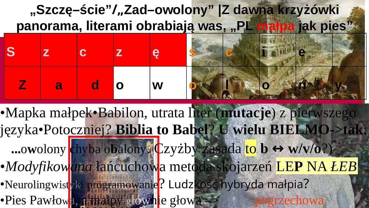 „Szczę–ście”/„Zad–owolony” |Z dawna krzyżówki panorama, literami obrabiają was, „PL małpa jak pies”