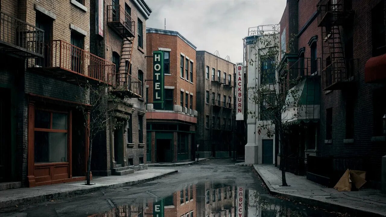 Rainfall on a puddle in alley at Warner Brothers Studios in Burbank