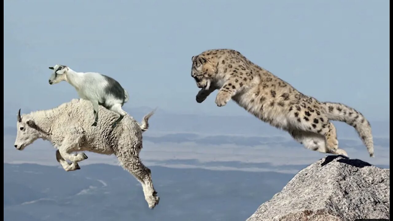 mother mountain goat protect her baby from snow Leopard hunting animals