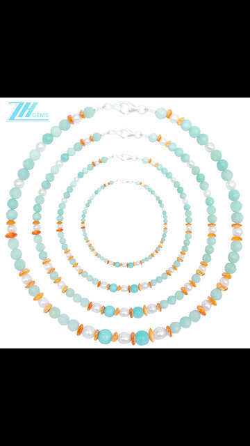 Natural turquoise and orange spiny oyster pearl smooth beads with faceted Amazonite necklace
