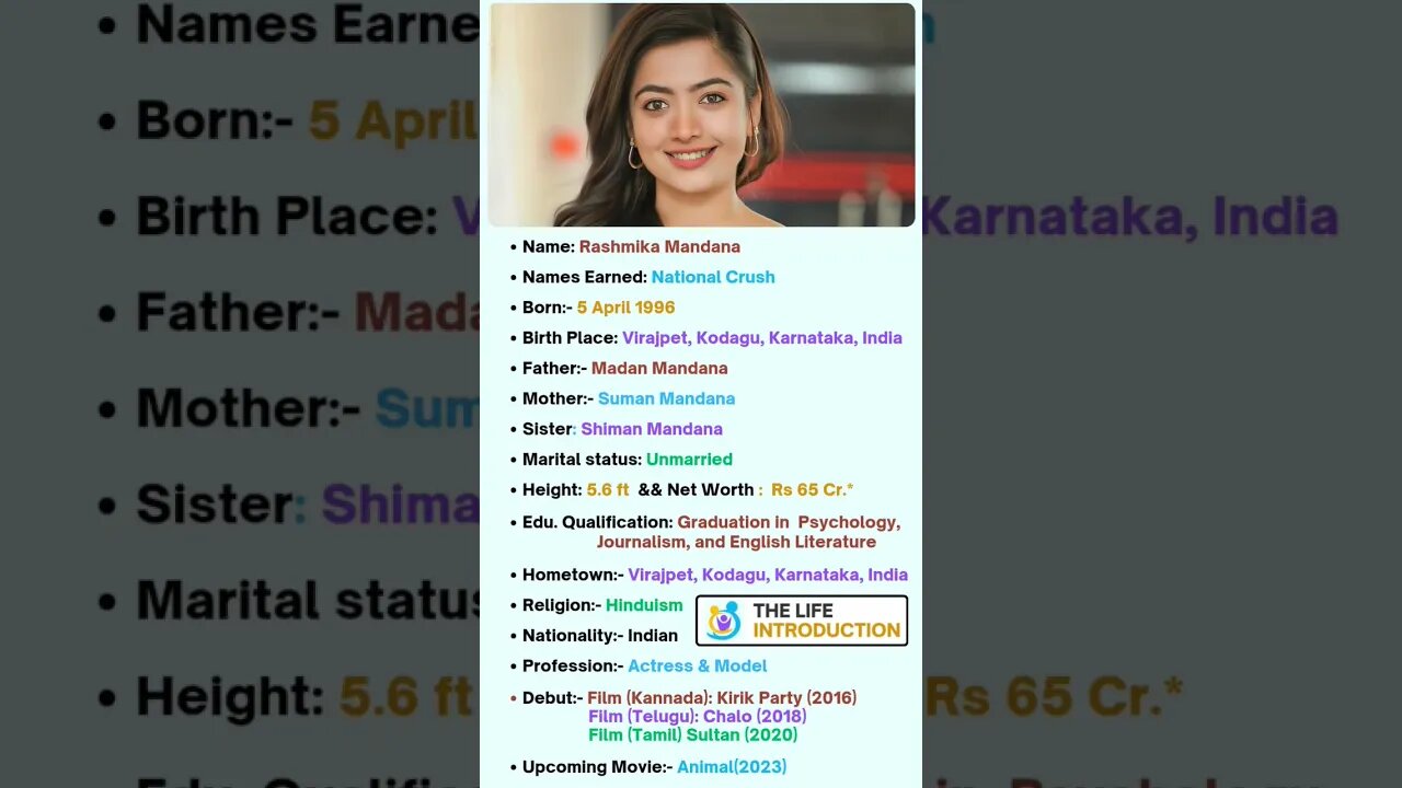 Rashmika Mandana- National Crush Biography 💖🔥 #shorts #youtubeshorts #love #rashmikamandanna